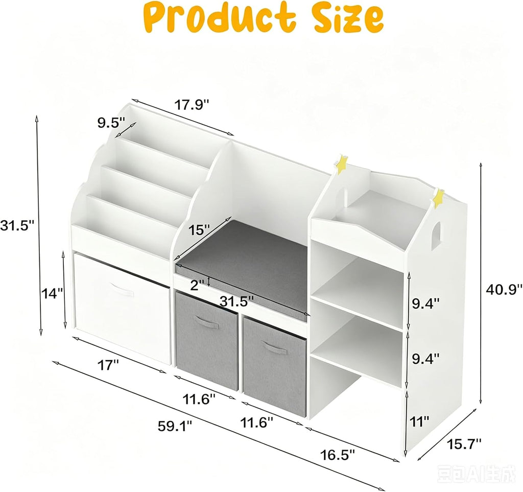 Kids Bookshelf with Reading Nook & Toy Storage, 4 Cube Bookcase with 4-Tier Book Racks, 3 Movable Fabric Drawers and