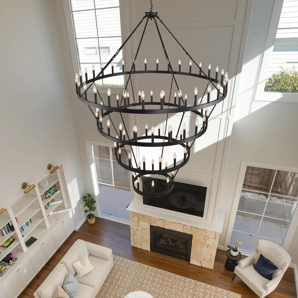 70 Inch Wagon Wheel Chandelier - 4-Tier 84-Light Black Farmhouse, Adjustable 100-160 Inch Height for High Ceilings