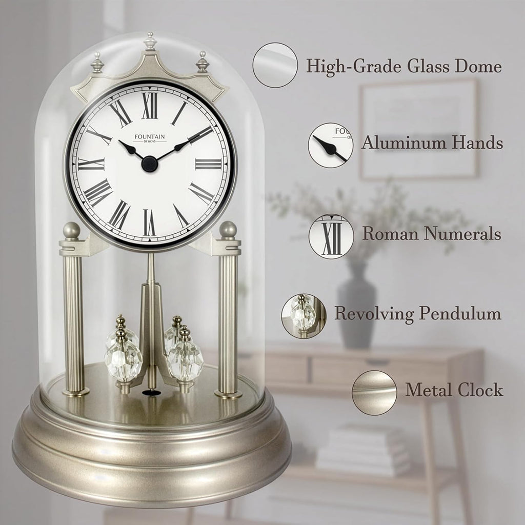 9" Genevieve Mantel Clock with Revolving Pendulum, 50th Anniversary Clock Glass Dome, Wedding Gifts