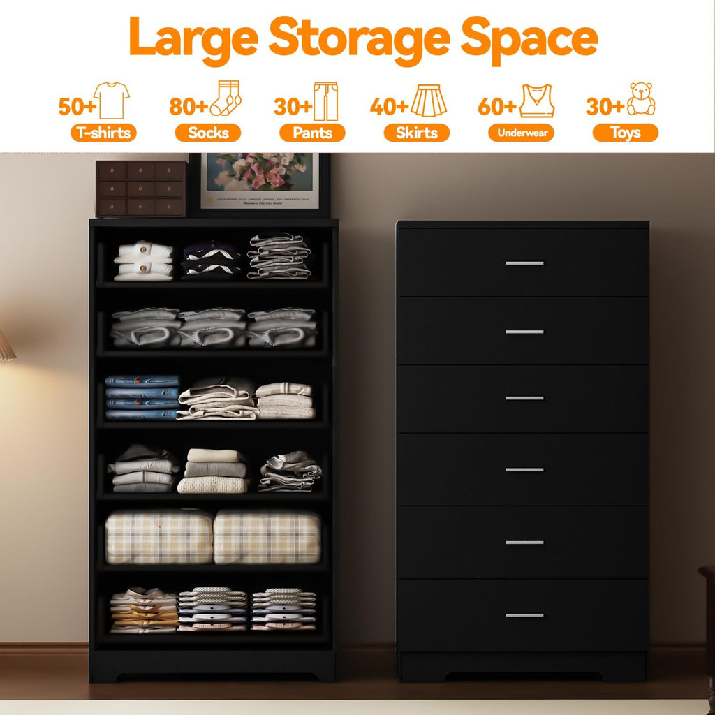 48" Tall Dresser Chest of Drawers with Power Outlets Wood 6 Drawers Dresser with Large Storage Space and Metal