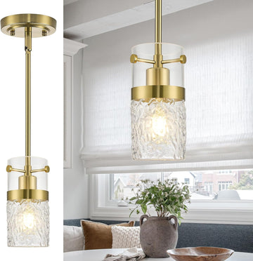 Glass Pendant Light Kitchen Island Brush Gold Modern Pendant Light Fixture with Water Ripple Glass 1-Light Mini