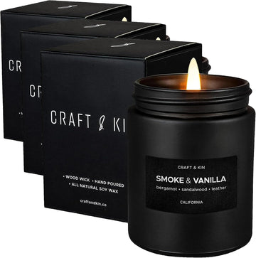 Premium Smoke & Vanilla Scented Candle - Long Lasting, 45 Hour Burn Time - Luxury Black Natural Soy Scented Candle
