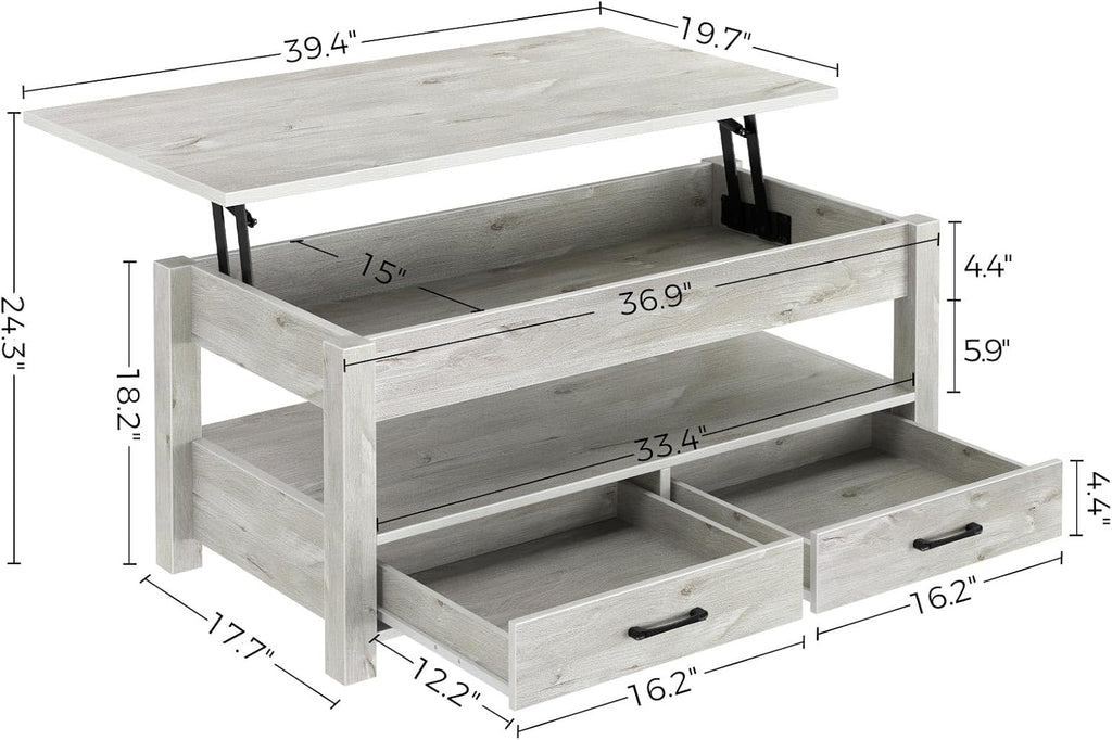 Coffee Table, Lift Top Coffee Table with Drawers and Hidden Compartment, Living Room Table with Wooden Lift Tabletop