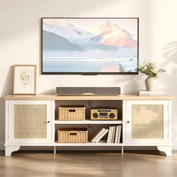 Rattan TV Stand for 65 in TV, Boho Entertainment Center with Cabinets & Open Shelves, Wooden Media Console Table