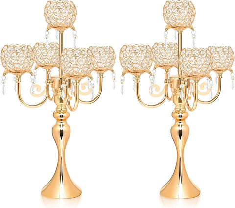 2 PCS Kehail Crystal Table Decoration Gold Candle Holder with Pendant, 5 Arm Candelabra Holder Beautiful Hollow