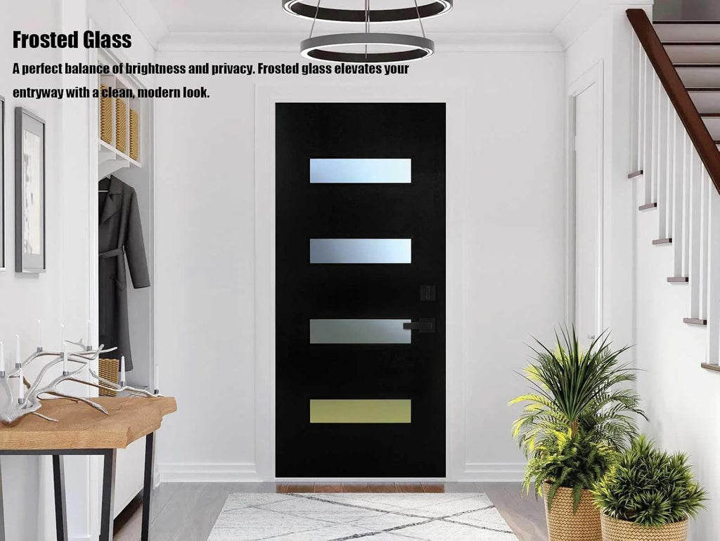 36 x 80 Fiberglass Entry Door with Brickmould, Frosted Glass, Black Finished Knock-Down Fiberglass Door - Contemporary