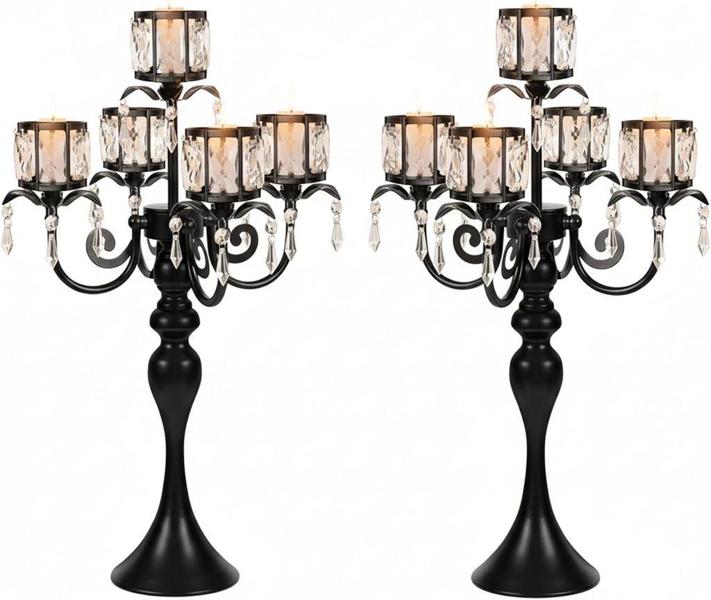 Black Candelabra Centerpieces for Tables - 5 Arm Crystal Pendant Candle Holders, Elegant Metal Centerpieces