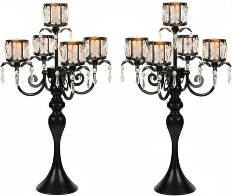 Black Candelabra Centerpieces for Tables - 5 Arm Crystal Pendant Candle Holders, Elegant Metal Centerpieces
