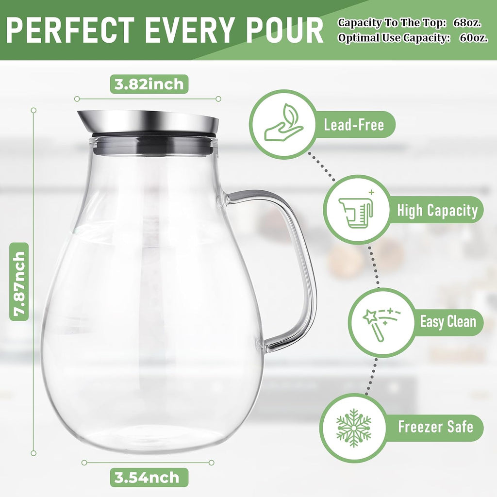 2 Liter Glass Pitcher, Water Pitcher with Removable Lid And Wide Handle, Easy Clean Juice Jug for Fridge, Beverage
