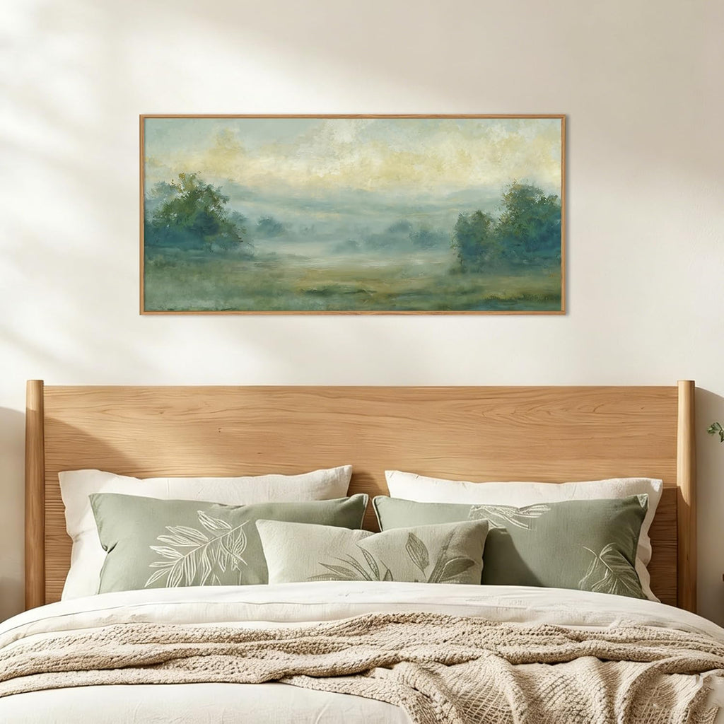 Green Abstract Minimalist Framed Canvas Wall Art,Neutral Landscape Horizontal Wall Decor,Watercolor Forest Mountain