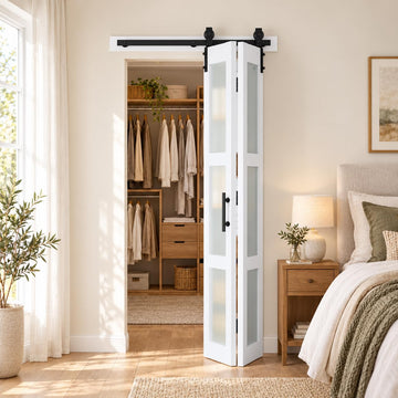 28X84 (Double 14x84) White Bi-fold Glass Barn Door Sliding FoldingDoor Double BarnDoor with Hardware Kit &