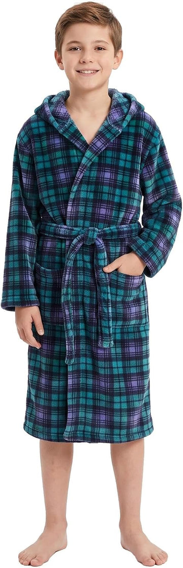 Boys Fleece Hooded Robe, Soft Print Bathrobe Kids 5-14(Green Plaid9-10)