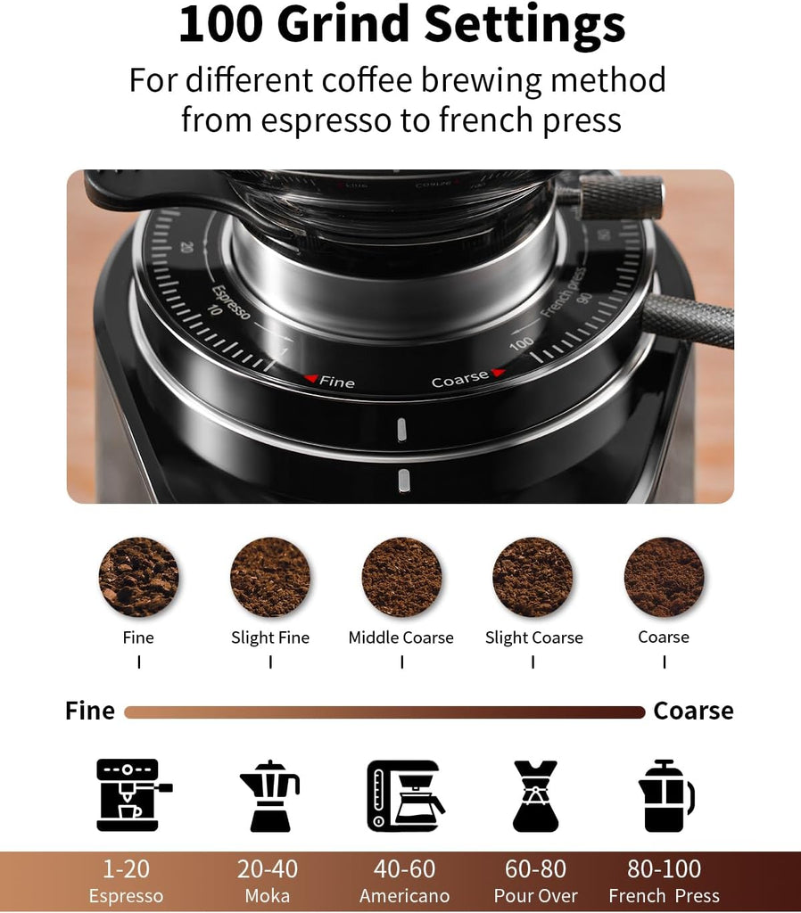 64mm Flat Burr Coffee Grinder, 100 Settings, Anti-Static, Black