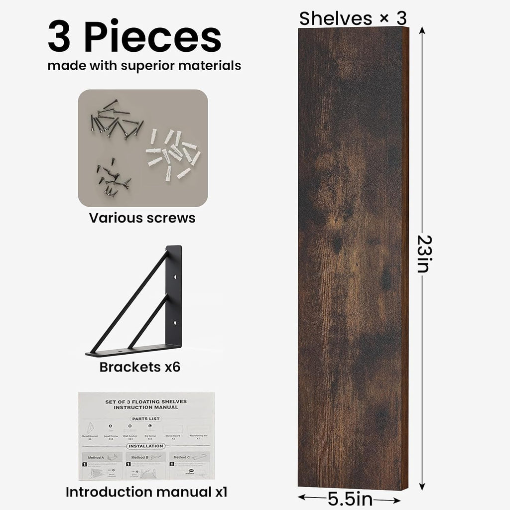 23-in Floating Wall Shelves, Rustic Wood Wall Shelves , Display Shelf for Books, Plants & Decor (Rustic Brown)