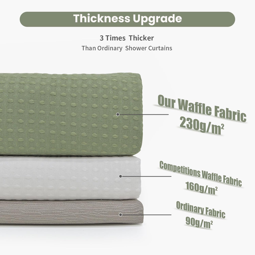 Fabric Shower Curtain, Waffle Weave 230 GSM Polyester, Weighted Hem, Metal Hooks Included, Water Repellent Washable