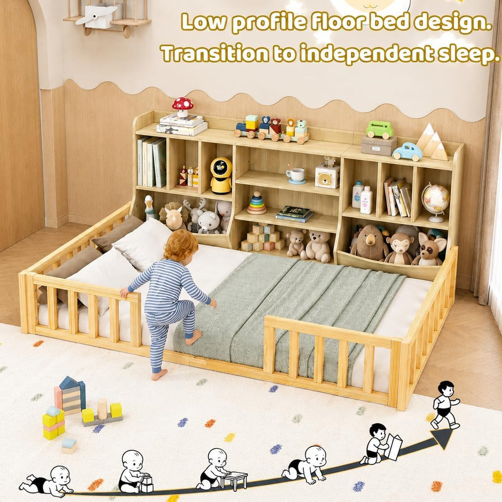 Full Size Floor Bed with High Solid Guardrail & 4-Tier Storage Cabinet, Premium Wood Bed Frame for Kids, Boys and