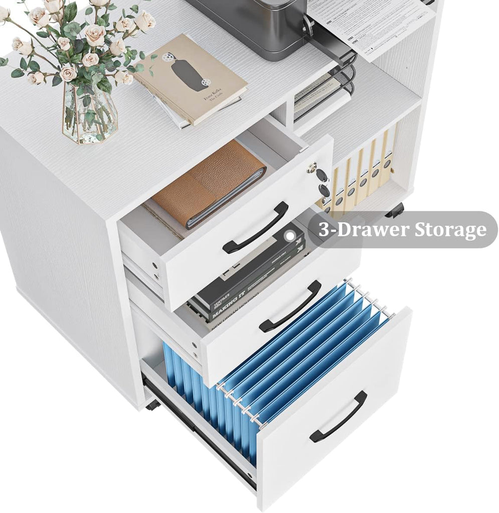 3 Drawer Office File Cabinets, Mobile Lateral Printer Stand with Open Storage Shelf, Rolling Filing Cabinet with