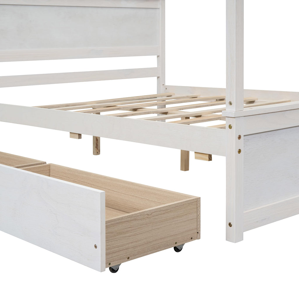 Full Size Canopy Platform Bed with 2 Drawers, Wooden Bed Frame with Support Slats, No Box Spring Needed, Brushed White