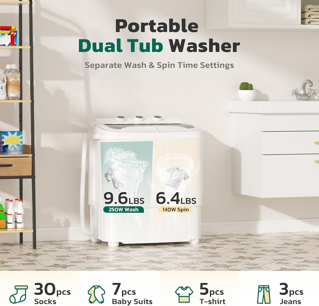 Portable Washing Machine, 16 Lbs Compact Mini Washer and Dryer Combo, Semi-automatic Twin Tub Laundry Washine with