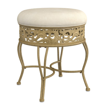 Villa III Backless Metal Vanity Stool with Ornate Lattice Detailing, Antique Beige