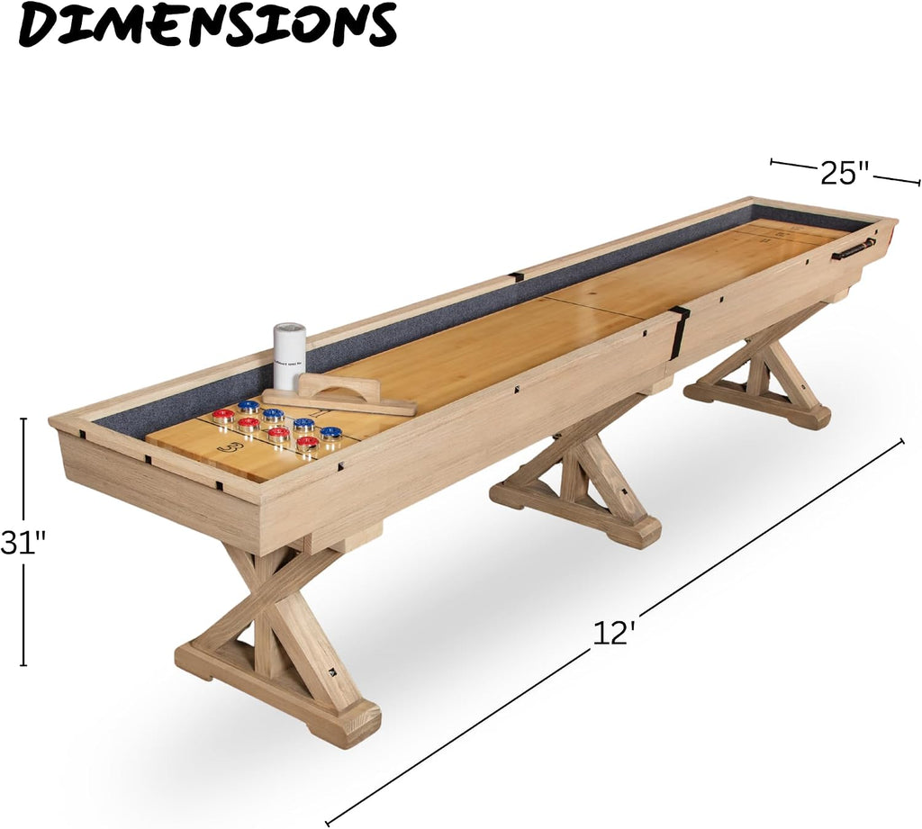 12/14 FT Solid Wood Shuffleboard Table, Comes in 2 6/7' Pieces Goes Around Stairs & Hallways