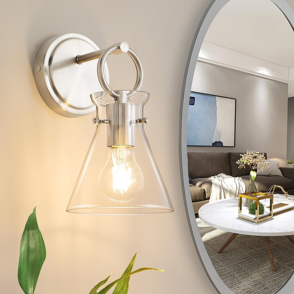 Wall Sconce 6" Clear Glass Shade Nickel 1 Pack | Modern Vanity Light Fixtures, Hardwired Wall Mount Lighting