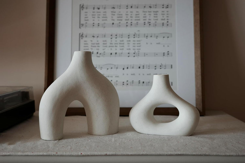 Donut Vase, Set of 2 - White Large Ceramic Vase - Minimalist Nordic, Hollow | Table Centerpiece, Olive Plant, Wedding