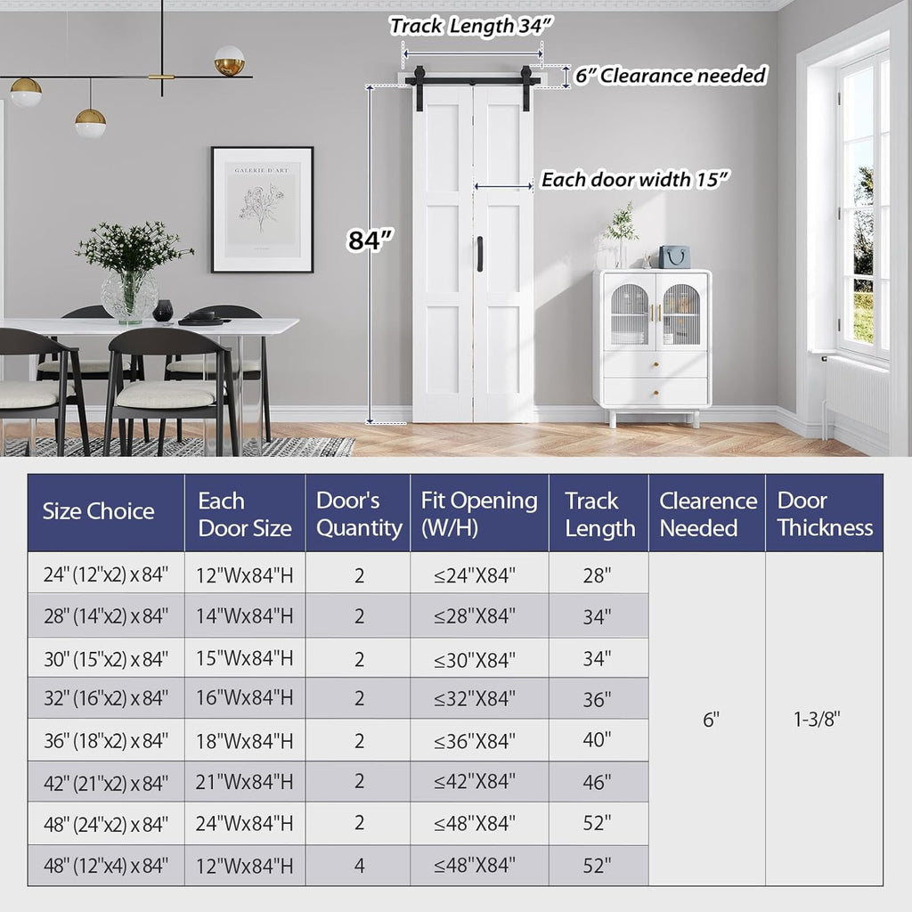 30X84(Double 15x84) White Bifold Barn Door Sliding Bi fold Doors Bi-fold Folding with 34" Hardware K