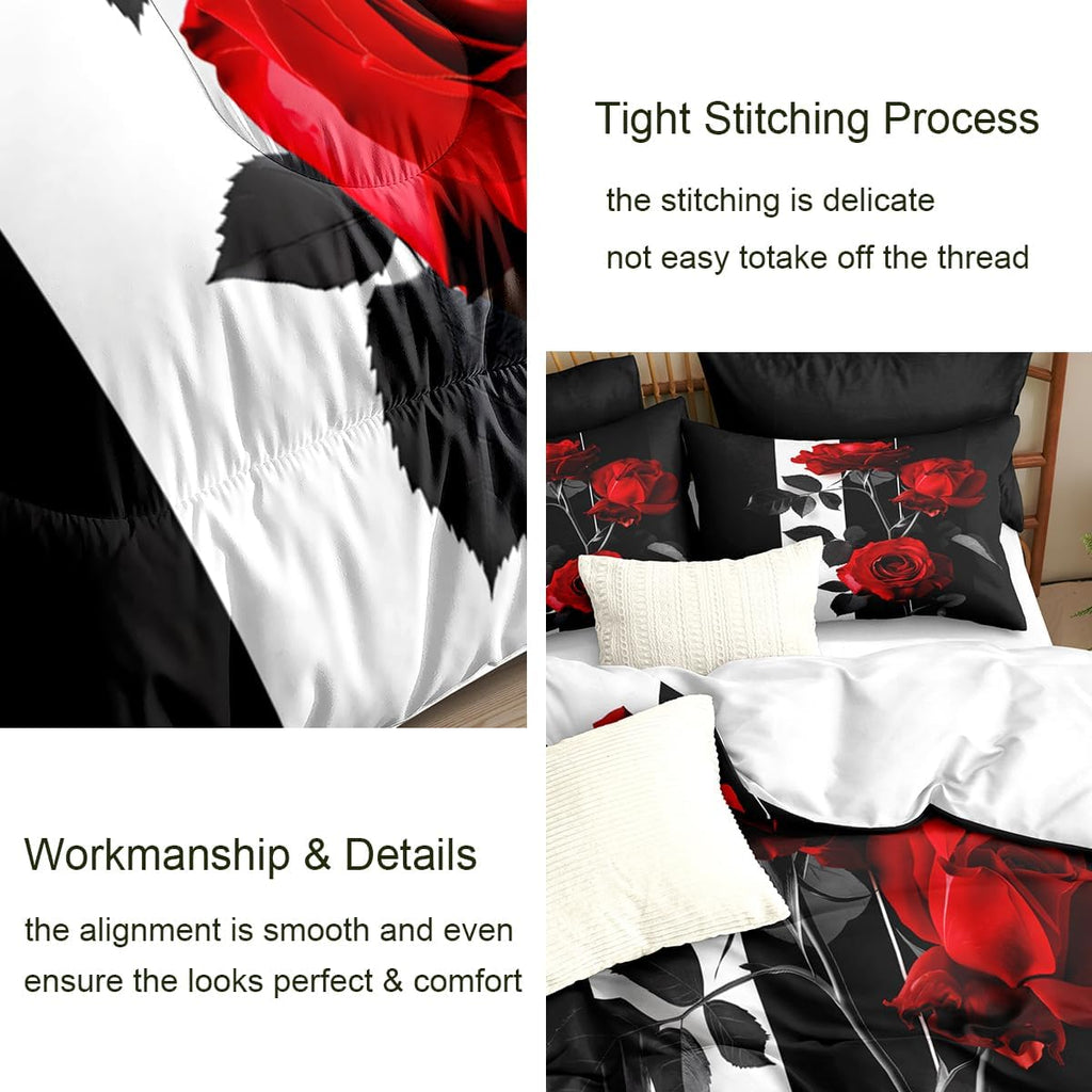 Rose Comforter Set Black Red Bedding Set Striped Floral Bedding for Women Aesthetic Comforter with 2 Pillowcases