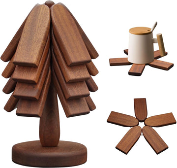 Square Wooden Trivet Set for Hot Dishes Sapele Wood Tree Shape Trivet Set