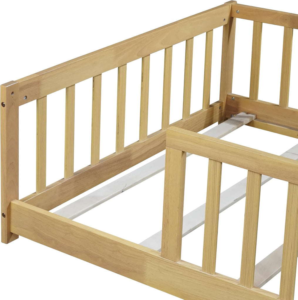 Twin Size Montessori Toddler Floor Bed with Wood Slats for Girls and Boys, Wood Montessori Bed Frame with Safety