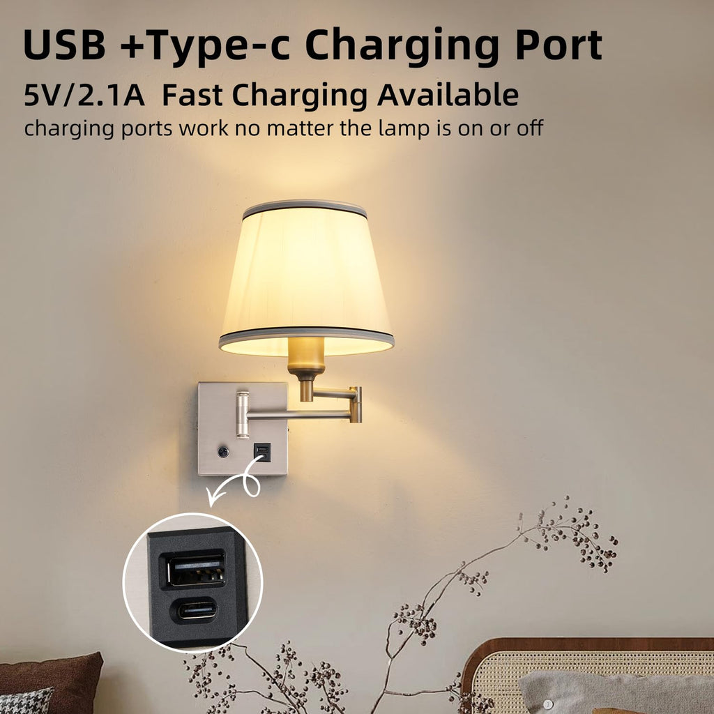 Plug-in Swing Arm Wall Sconce, Dimmable, Type-C & USB