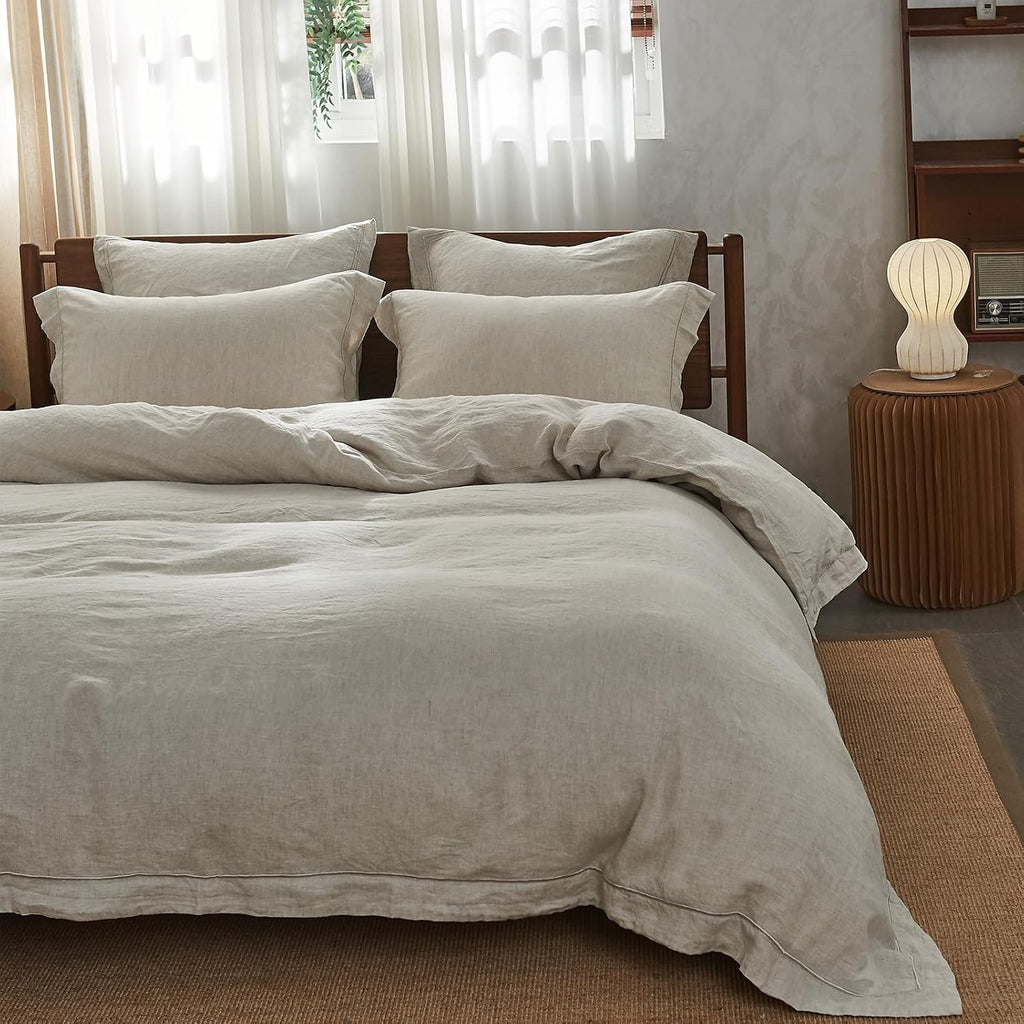 100% French Linen Duvet Cover Set with Embroidered,3 Pcs Washed Soft Farmhouse Bedding Set with Button Closure,1 - Set of 3
