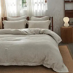 100% French Linen Duvet Cover Set with Embroidered,3 Pcs Washed Soft Farmhouse Bedding Set with Button Closure,1 - Set of 3