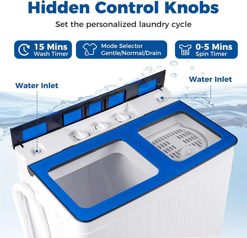 Portable Washing Machine, 26LBS Twin Tub Mini Compact Laundry Washer Spinner Combo with Drain Pump, 18Lbs Washer and 8Lbs Spinner for Apartments, RVs, Dorms, Blue+White