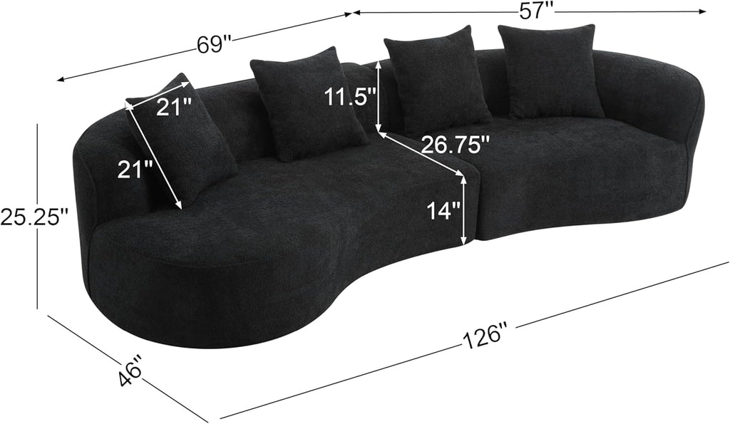 126 Inch Curved Sectional Sofa, Oversized 5-Seater Modern L-Shape Couch with 4 Pillows, Modular Velvet Fabric Sofa