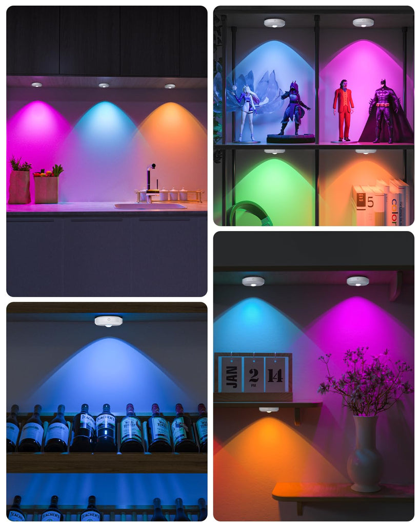 RGB Rechargeable Puck Lights with Remote Control, Under Cabinet Lighting Wireless, Dimmable Push Lights, Multicolor