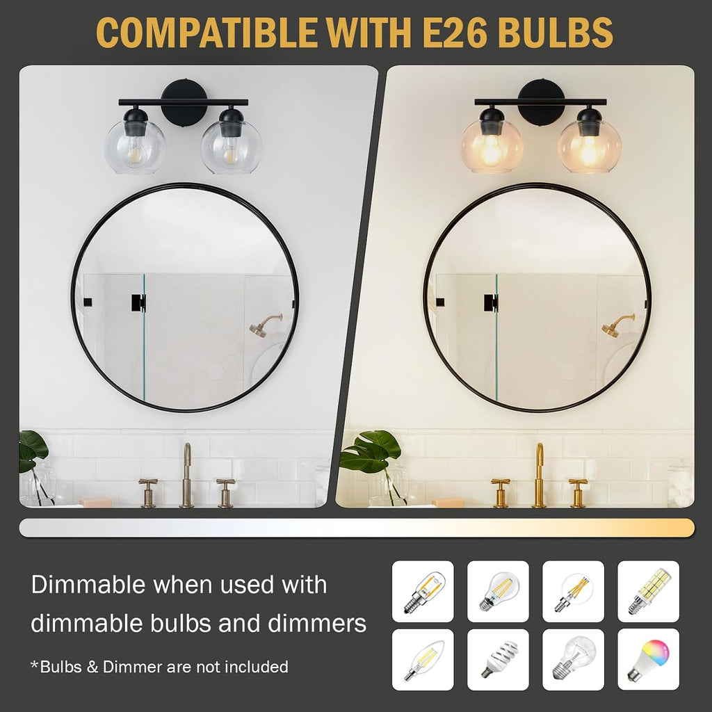Black Bathroom Light Fixtures, 2 Light Bathroom Vanity Light with Globe Glass Shades, Modern Farmhouse Vanity Lights