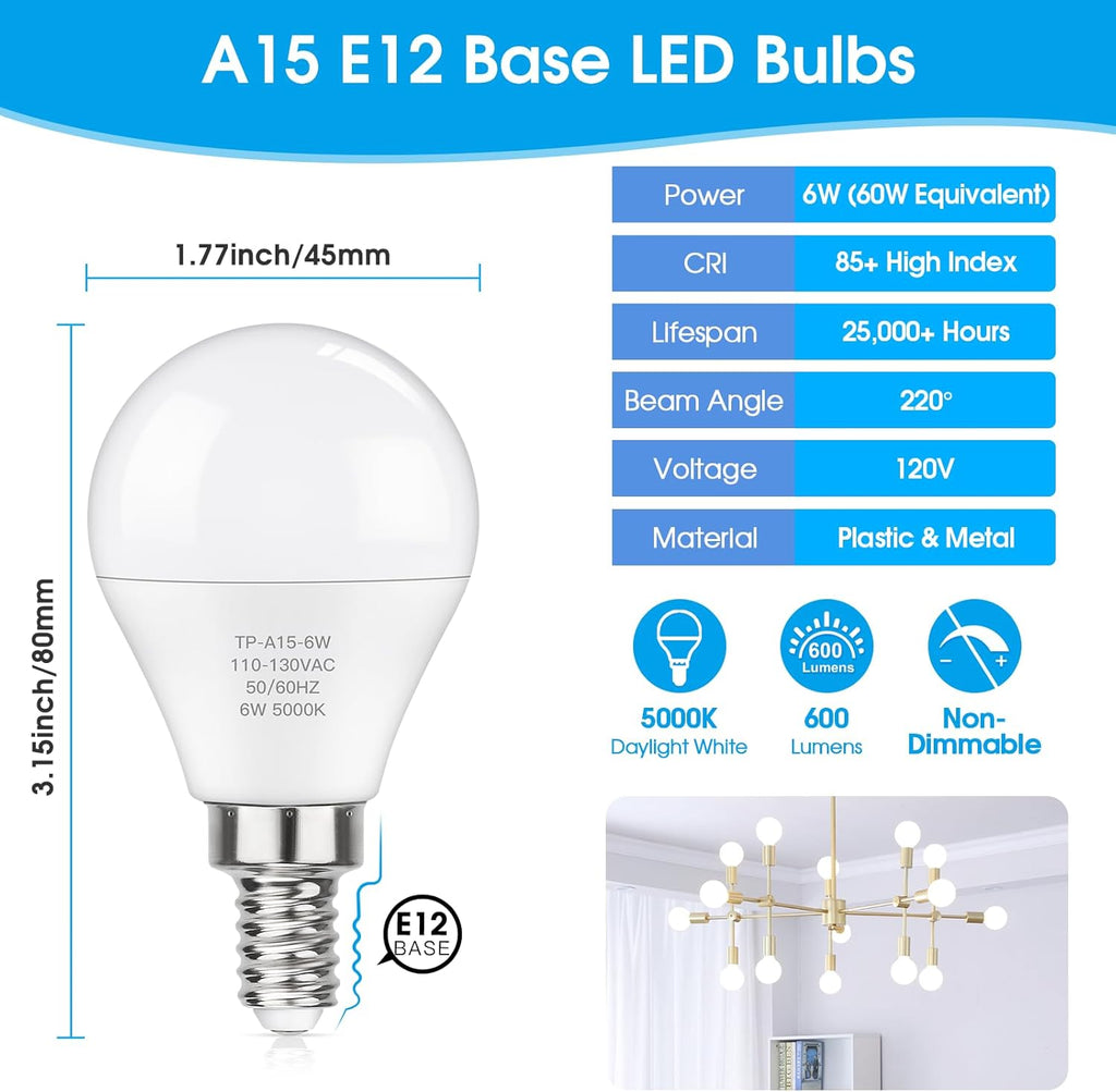 E12 LED 60W Equivalent Daylight White 5000K Ceiling Fan Bulbs, 600LM CRI 85+ Candelabra Bulbs Small Base, 6W