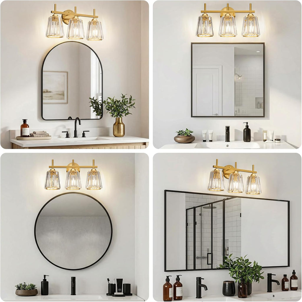 Crystal Bathroom Light Fixtures Over Mirror, Gold 3-Light Bathroom Vanity Lights Over Mirror Modern Wall Lighting