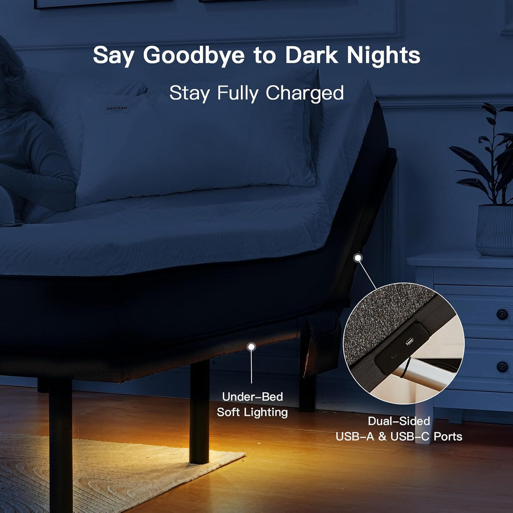 Full Adjustable Bed Frame with Massage, Electric Bed Base with Head & Foot Incline, USB-A & USB-C Ports, LED