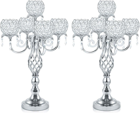 5-Arm Crystal Candelabra Centerpiece 23.2" Tall - Elegant Candle Holder Stand with Crystal Bowl, Chic Table Decor for