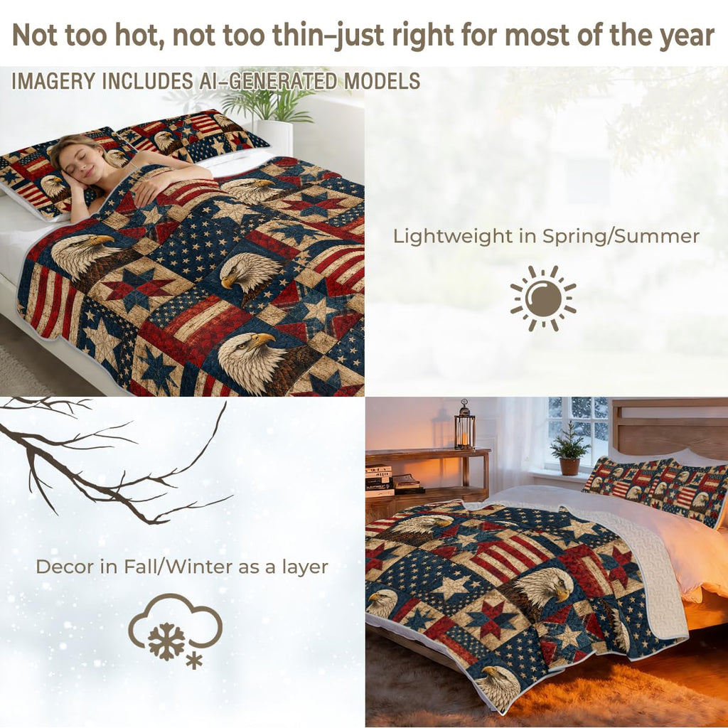 2 Pieces Patriotic Eagle Quilt Set with American Flag and Sunset Mountain Scene, Rustic Microfiber Bedding Decor, 1