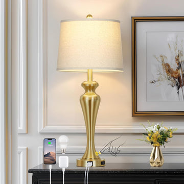 30 Inch Gold Single Table Lamp, 3-Way Dimmable Touch Control Bedside Lamps with USB A+C Ports and AC