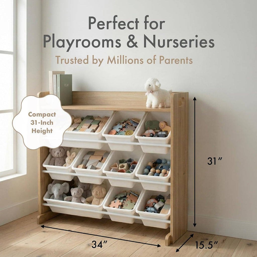 Kids Toy Organizer with Display Shelf, 9 Bins, 3 Tier Storage | Sturdy wood and steel toddler shelf, removable