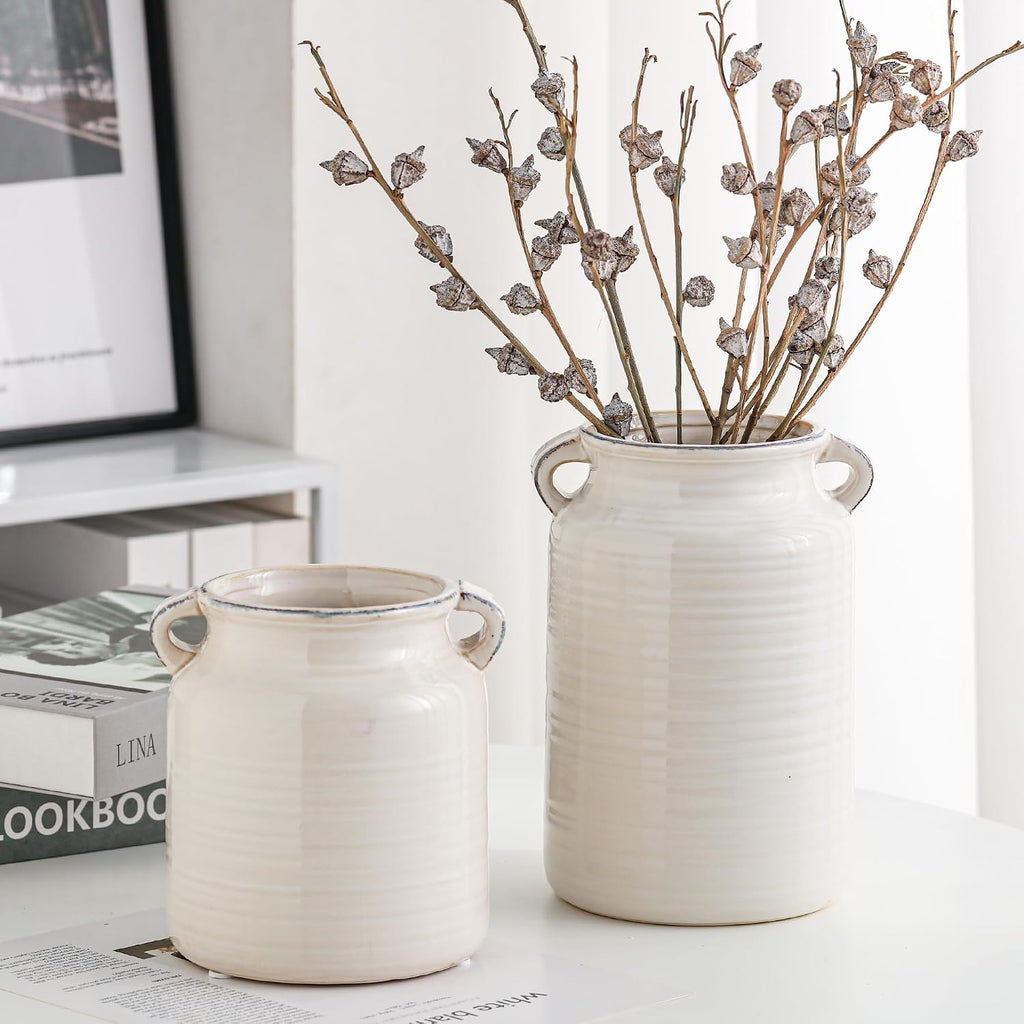 Ceramic Rustic Distressed White Flower Vase for Centerpieces