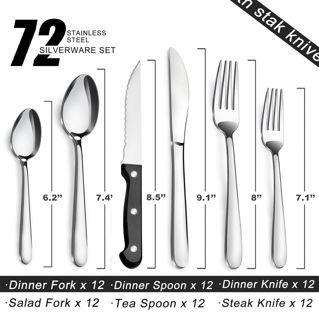 72-Pieces Silverware Set for 12, Flatware Set with Triple Rivet Steak Knives, Stainless Steel Cutlery Set, Include