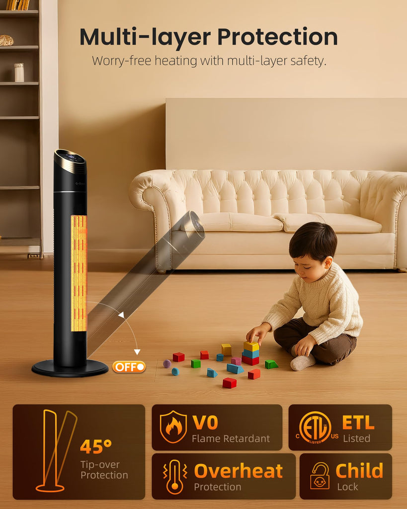 34" Space Heater for Indoor Use, Tower Heater for Large Room, Black