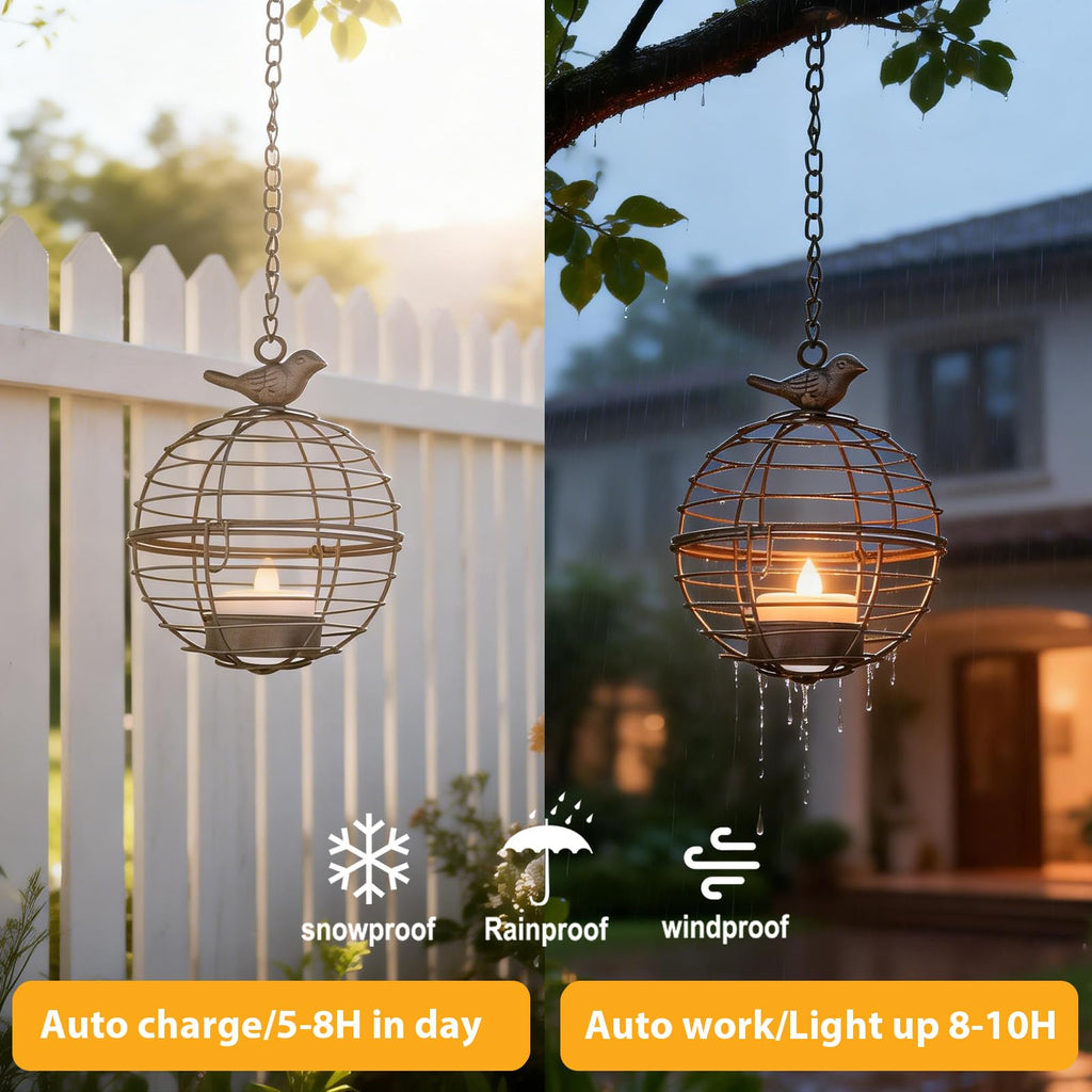 Solar Lanterns Outdoor Waterproof, Hanging Solar Lights with Rustic Iron Sphere Candle Holder, Globe Chandelier with
