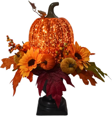 15 Inch Lighted Fall Pumpkin Arrangement with Pumpkin, Daisies